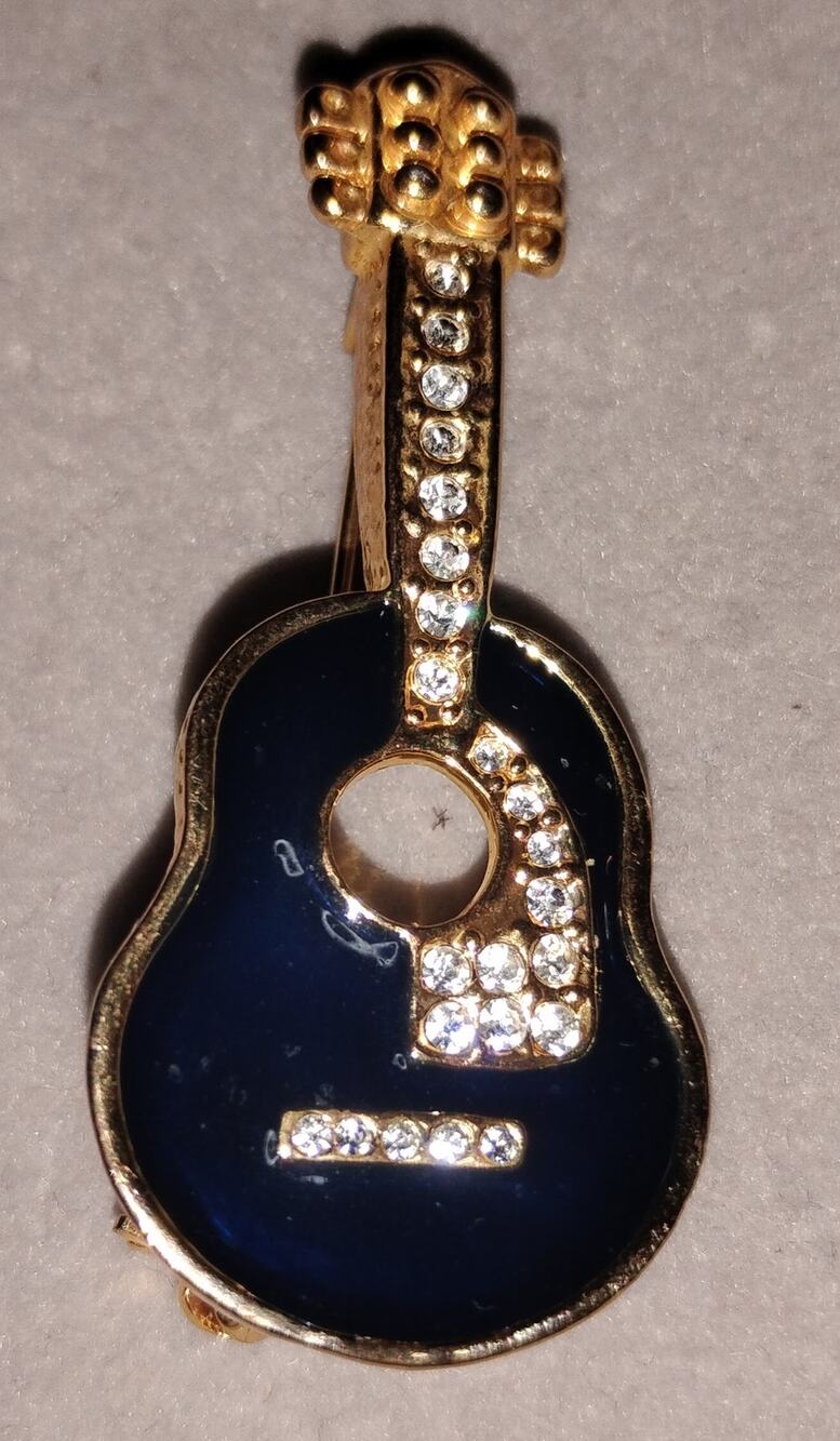 Vintage Guitar Brooch Blue Enamel Rhinestone Gold Tone Figural Music Pin